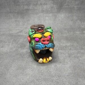 Aztec Warrior Jaguar Death Whistle Mexico Head In Mouth Clay Green Jeweled Eyes